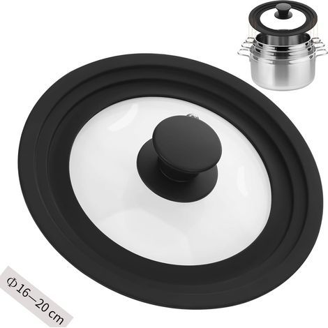 Universel Couvercle Poele, Couvercle Casserole en Verre pour Poêles et Casseroles de Ø 16/18/20 cm, Couvercle de Poêle avec Bord en Silicone et Trou Vapeur, pour Casseroles et Poêles (1/5)