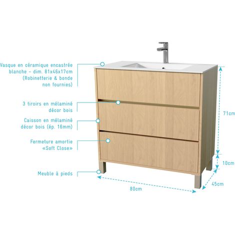 pack meuble salle de bains 80 cm chêne clair, 3 tiroirs avec vasque céramique - xenos — vue 4
