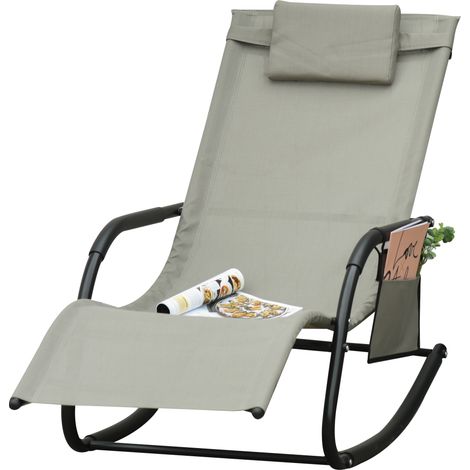 Fauteuil à bascule, balancelle, chaise de jardin, chaise longue à bascule, maille métallique, noir et gris clair, 150 x 62 x 88 cm
