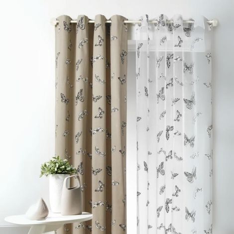 Voilage à œillets à motif papillons Blanc 140x240 cm