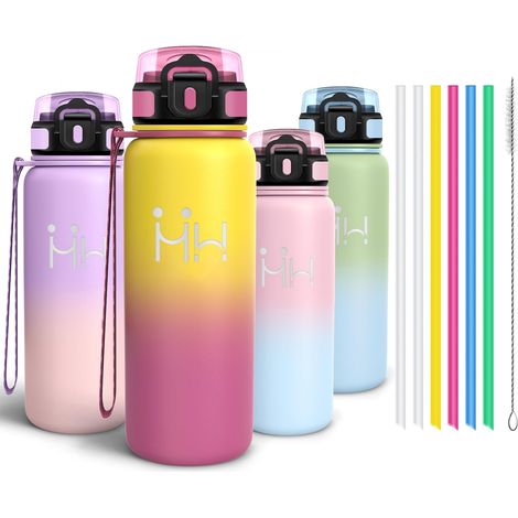 Gourde Inox 750ml, Bouteille Isotherme avec six Pailles et 1 Brosse à épong, Conservation du Chaud et du Froid, sans BPA, Réutilisable, Bouteille - Jaune banane (1/5)