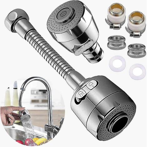 Aérateur de robinet pivotant à 360°, aérateur de robinet avec flexible rallongé, économiseur d'eau universel avec adaptateur de buse, tête de buse filtrante pour robinet d'évier avec aérateur. (1/4)