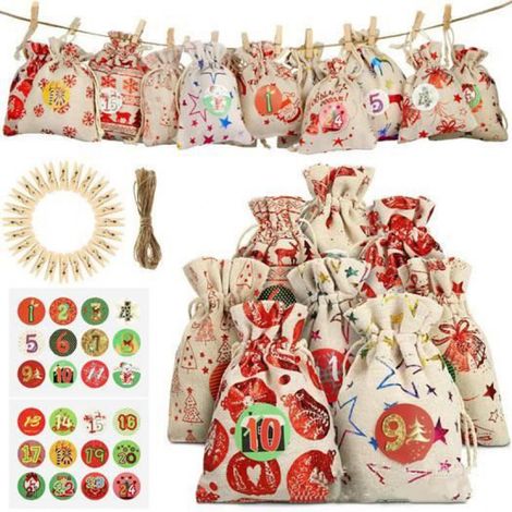 Sacs en toile de jute - DIY - Calendrier de l'Avent - 24 sachets - Autocollants numérotés - Idéal pour Noël (1/4)