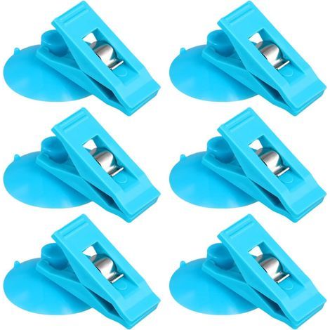 6pcs Pince à Ventouse, Ventouse avec Pince Ronds Clips de Rideau de Douche pour Empêcher Les Éclaboussures d'eau Coupe-Vent pour Réfrigérateur Salle De Douche Camping-Car (Bleu) (1/5)