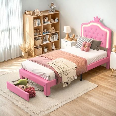 Doppelbett 90x200 cm - Princesse - Rosa - Integrierte RGB-LED mit Fernbedienung - Rollbare Stauraumschubladen