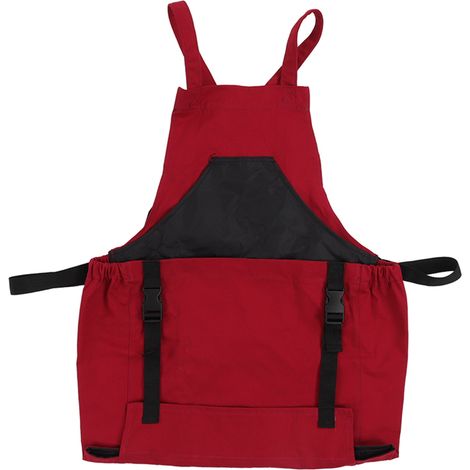 Tablier de jardinage rouge foncé en PVC 210D imperméable, bretelles réglables, léger et résistant, usage extérieur.