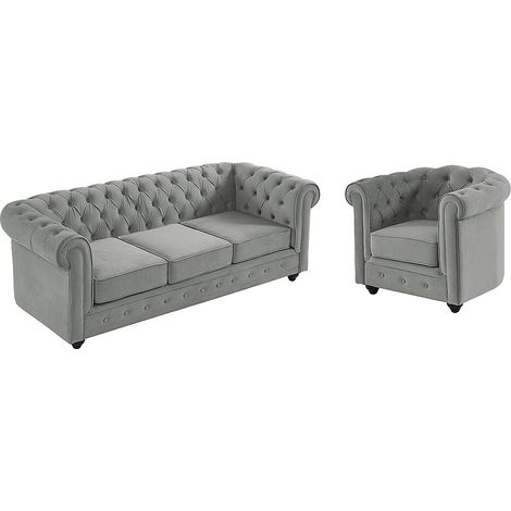 Divano CHESTERFIELD 3 posti e poltrona in velluto Grigio chiaro