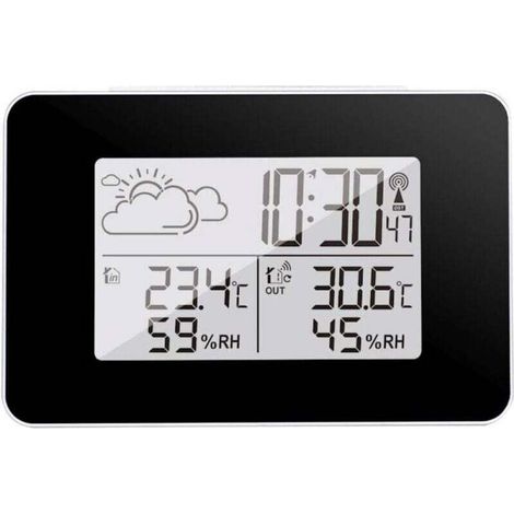 Station météo avec affichage 12/24h, réveil avec fonction snooze, prévisions météo 8h, mesure humidité 20-95% HR, enregistrement températures et humidité max/min intérieur/extérieur.