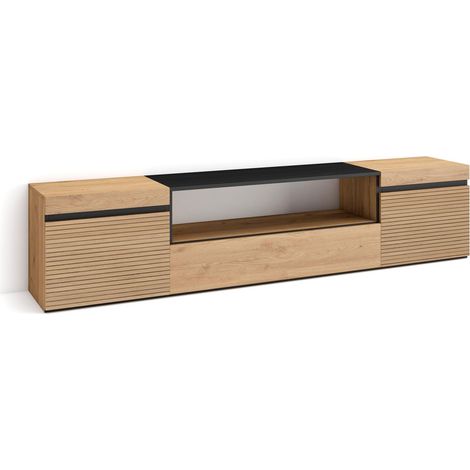 Skraut Home – Meuble TV avec rangement – Dimensions 200x35x45cm – Pour TV jusqu'à 80" – Style moderne en chêne – Banc télé avec porte rabattable (1/5)