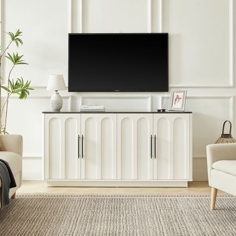 Buffet bas 4 portes arrondies, Soft-Close et anti-basculement, 160 cm, MDF, blanc et noir (1/5)