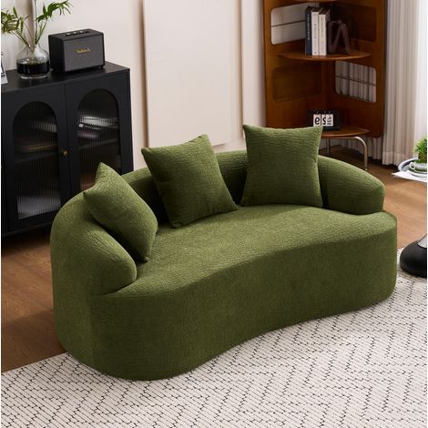 Geschwungenes modulares 2-Sitzer-Sofa aus grünem Chenille mit 3 Dekokissen, montagefrei (1/5)