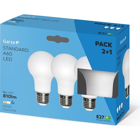 Bombilla LED estándar 9W, casquillo E27 240º 810 lumenes, Luz fría Pack 2+1