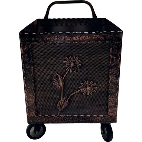 Porta Legna a Carrello in Ferro Battuto, 42x37x72 cm, con Ruote, per Camino e Stufa, Motivo floreale Rame