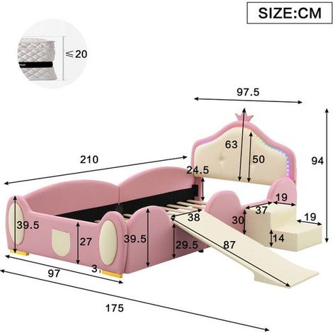 Lit enfant 90x200 cm - Couronne - LED multicolore - Toboggan - Sécurité renforcée (1/5)