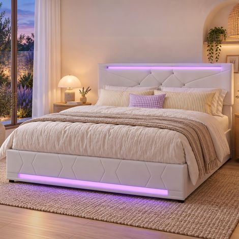 Lit Coffre 140x190 cm avce Sommier, Cadre de lit LED, Lit adulte avec port USB - Lit avec rangement Hydraulique, Blanc, scandinave tissu lin (1/5)