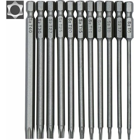 Jeu de 11 embouts longs Torx pour tournevis et visseuse électrique - Embouts magnétiques - Tige hexagonale de 1/4 - Tailles T6 à T40 - Longueur 100 mm