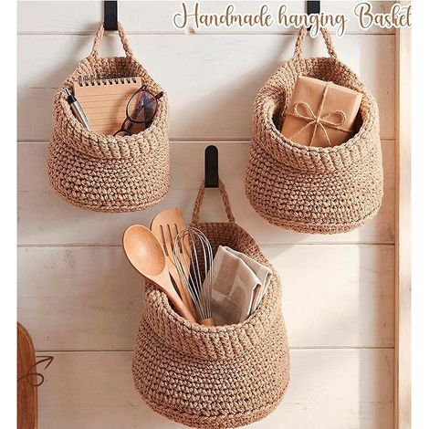 Panier suspendu tressé main marron grand, rangement mural cuisine nid multi-usages, filet pour pot de fleur (1/5)