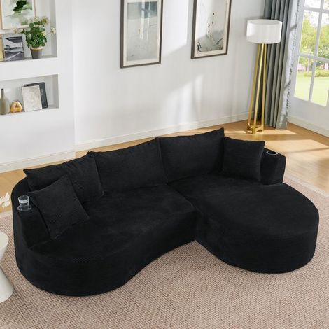 Canapé d'Angle tissu côtelé doux design arrondi porte-gobelet intégré coussins inclus noir (1/5)