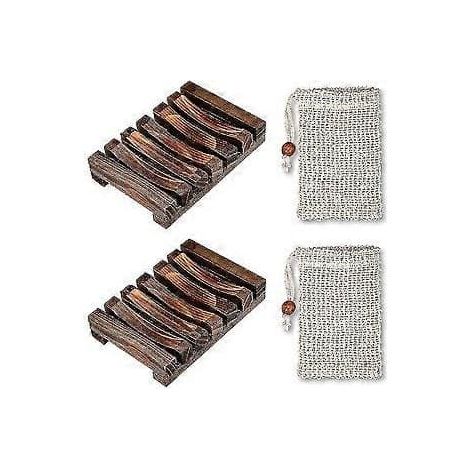Mobilier et décoration de salle de bainEnsemble de 2 porte-savons en bambou avec 2 sacs en sisal naturel, marron foncé/beige, porte-savon 11,5 x 8,5 x 2,5 cm, sac 14 x 9,5 cm, (1/5)