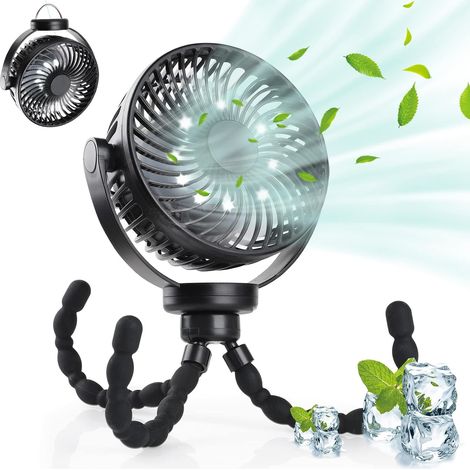 Ventilateur pour poussette avec LED, éclairage, 5200 mAh, petit ventilateur de table pour le camping, ventilateur avec crochet de suspension, pivotant à 360°, ventilateur portable rechargeable - Noir (1/5)