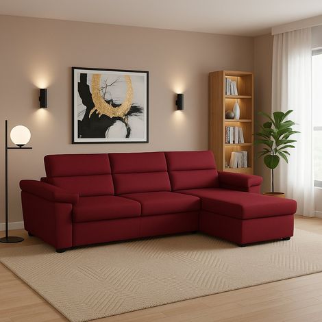 Sofá Fijo con Chaise Longue Ceto, Desenfundable, Reversible Made in Italy, Hidrófugo, Multiposición, 285x160 cm, Rojo (1/5)