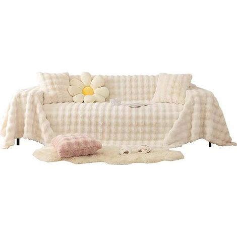 Couverture - Fausse Fourrure - 180 x 180 cm - Pour Canapé Lit Bureau Chambre - Blanc Cassé - 1 Pièce (1/5)