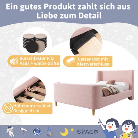 Lit enfant capitonné en velours rose, lit simple traîneau motif étoilé cosmique, 90x200 cm, pour garçons et filles, sans matelas (1/5)