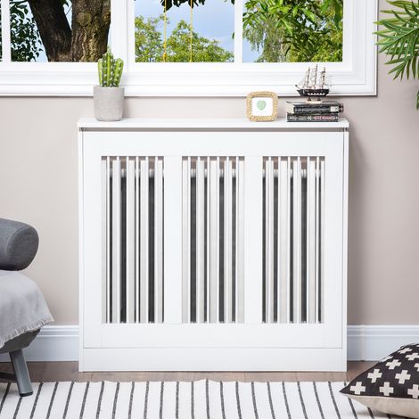 Cache-radiateur à lattes. Cache-radiateur moderne avec système anti-basculement pour salon, couloir ou bureau. Fabriqué en MDF et acier. 90 x 18 x 84 cm. Blanc.