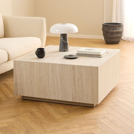 Table basse carrée 90x90x42cm en effet travertin beige (1/5)
