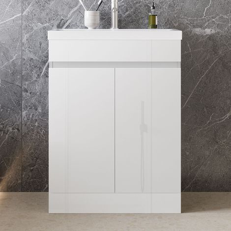 High Gloss White MDF Vanity Unitгм600390mm, FloorstandingгмDetachableгмSoft CloseгмDual-doorгм+ 610395mm White Thin Ceramic Basin (1/5)