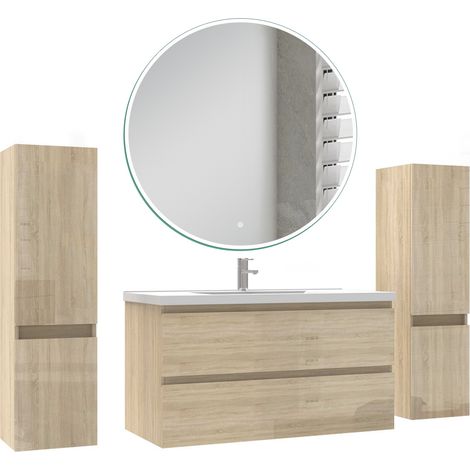 Ocean Ensemble de Meuble salle de bain 99cm + miroir led rond + 2 colonnes 110cm, Chêne Haut Brillant