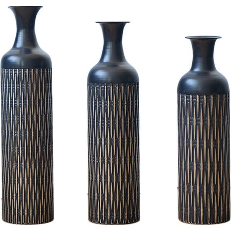 Lot de 3 vases sur pied décoratifs en métal noir à relief vertical, grand format pour fleurs séchées et pampas, style scandinave, CHICFURN (1/5)