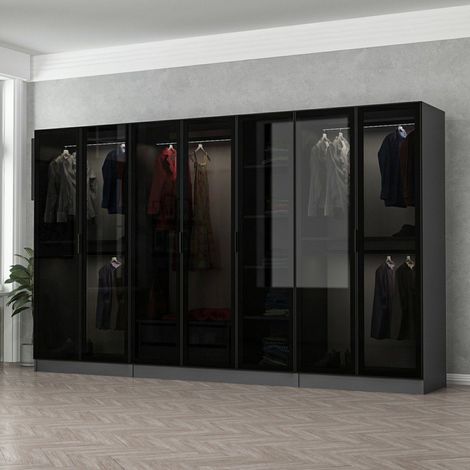 Großer Prunetto Kleiderschrank, Schlafzimmer Schrank mit Kleiderstange, 7 Regale, 7 Türen, 315x210h cm Anthrazit Schwarz (1/5)
