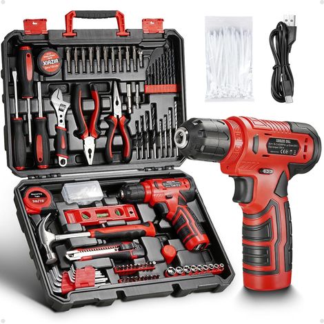 Kit d’outils 233 pièces avec perceuse sans fil, boîte à outils complète pour bricolage à domicile comprenant tournevis, pinces, marteau, accessoires et perceuse (Rouge) (1/5)
