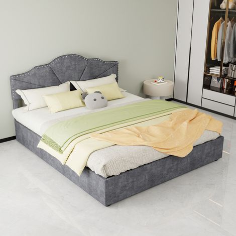 AS EASY Modern minimalist soft bed, comfortable and soft headboard, 160200CM, gray, multifunctional bedroom furniture, high box bed body with pneumatic rod, does not include mattress. (1/5)