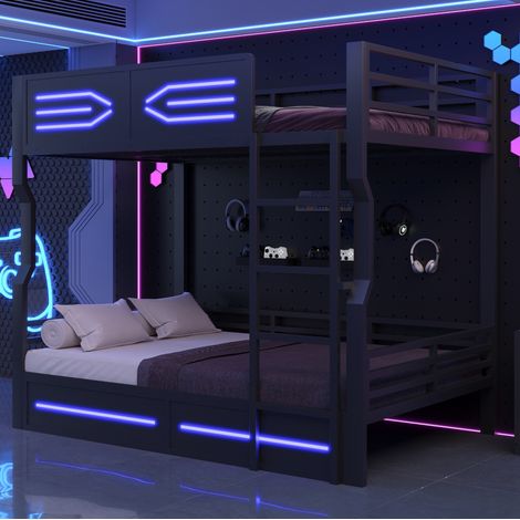 Etagenbett 140x200 cm Schwarz aus Metall und MDF mit LED-Beleuchtung und Sicherheitsgitter (1/5)
