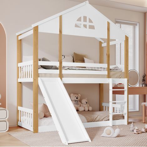 Lit superposé 90 x 200 cm lit cabane enfant avec toboggan et escalier, barrière de sécurité, bois et MDF blanc naturel (1/5)