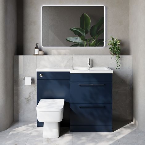 Napoli 460 Deep Blue 1100mm 2 Drawer Vanity Unit Toilet Suite with Right Hand Square Lucia Basin - 1100mm - Chrome 320mm HandleWith Kingston Toilet Pan and Seat