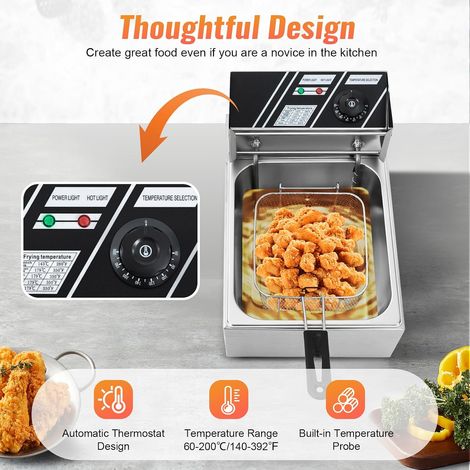 6L 2500W Friteuse électrique Acier inoxydable Cuisine professionnelle Zone froide Friteuse Résistance immergée, Contrôle de la température, Démontable, Surveillance facile, facile à nettoyer (1/5)