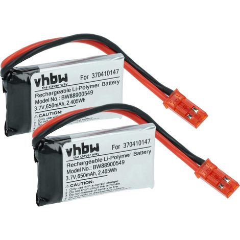vhbw 2x Akku Ersatz für Carrera 370410147 für Racing Car (650mAh, 3,7V, Li-Polymer, 38 x 20 x 7 mm, JST BEC)