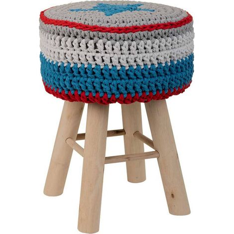 Tabouret en bois assise tressée coton bleu élégant - Bleu tressé et bois naturel clair (1/5)