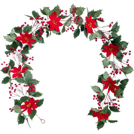 Künstliche Weihnachtsgirlande mit roten Beeren und grünen Blättern, hängende Blumenranke für Zuhause, Treppe, Weihnachtsbaum, Partydekoration (1/2)