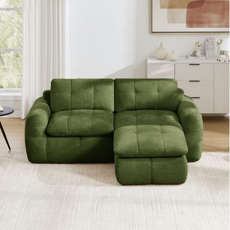 Sofá modular esquinero 194/160 cm de chenilla verde con puf, sin montaje (1/5)