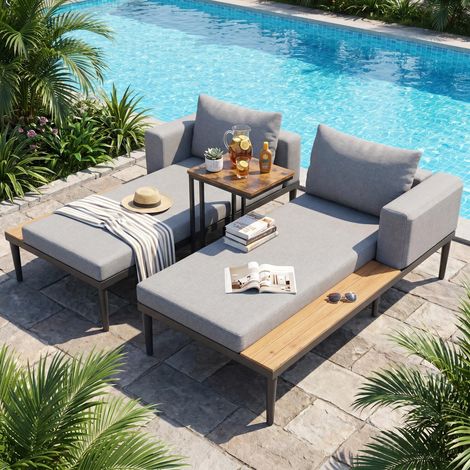 FurnitureR Outdoor Sun Lounger Set with Cushions and Rolling Table (1/5)