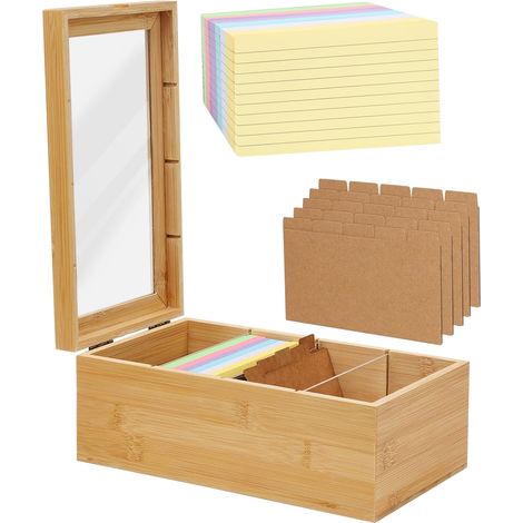 Karteikartenbox aus Holz – 15 x 10 x 10,4 cm – mit Deckel – mit 150 Karteikarten (12,5 x 7,8 cm) – für Sprachprüfungen, Vokabeltraining und tägliches Lernen (B) (1/5)