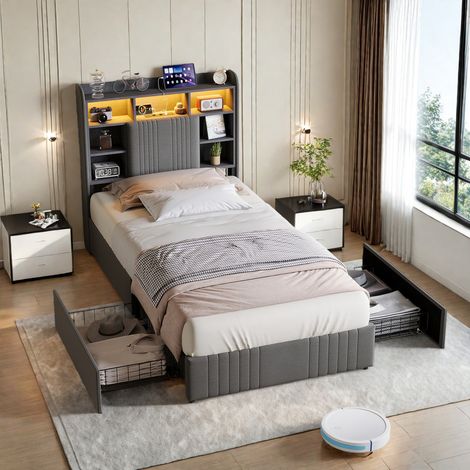 Lit simple enfant 90 x 200 cm avec 2 tiroirs - Bande lumineuse LED - Ports USB et Type-C - Lin gris - Tête de lit rembourrée avec rangements (1/5)