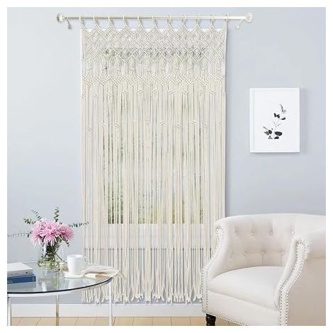 Rideau bohème en macramé, 120 x 195 cm, fil de coton tissé à la main, décoratif, avec anneaux en bois, perméable à l'air et durable, pour salon, porte, mariage et chambre d'enfant (1/5)