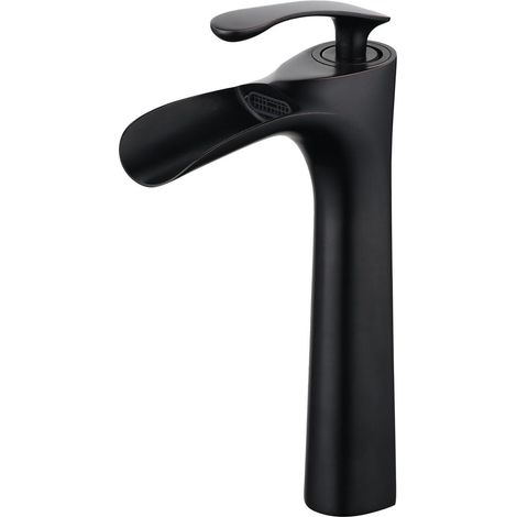Schwarzer Wasserfall-Waschtischhahn, Badezimmerhahn mit hohem Auslauf, Messing