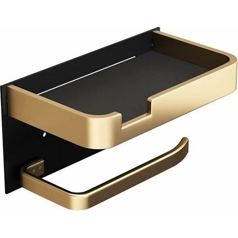 Wall Mounted Toilet Paper Holder with Phone Holder, Modern Viscose Toilet Roll Holder, Black Gold Bathroom Toilet Paper Holder (1/5)