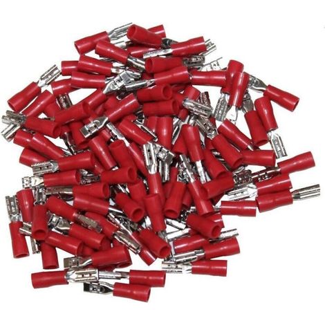 Terminales de crimpado aislados hembra de 2,8 mm de color rojo – Doble crimpado – Para cables de hasta 1,5 mm² – Paquete de 100 terminales (1/2)
